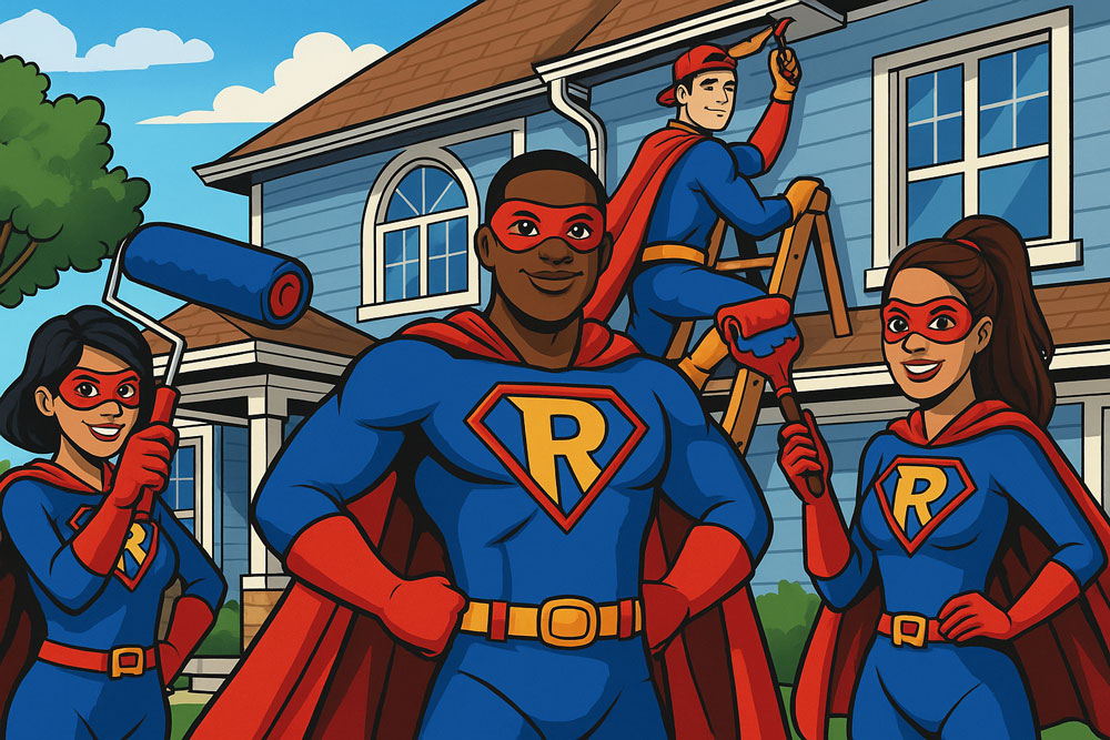 A Comic book style illustration of a group of super heroes painting and fixing a house.
