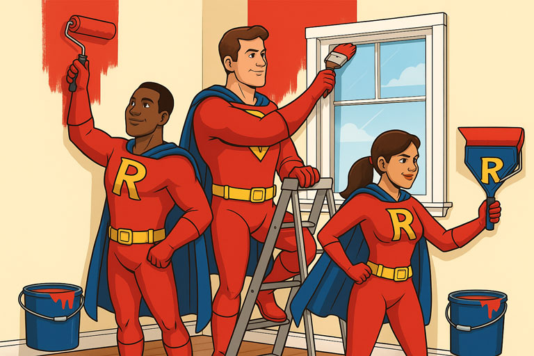 Illustration of a group of superheroes painting the interior of a house